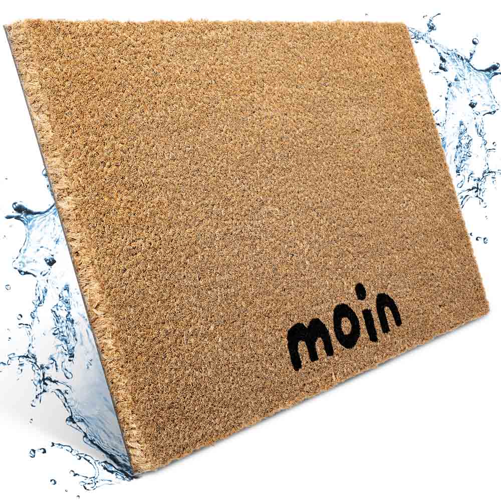 wetterfeste kokos fussmatte mit schwarzem moin schriftzug und wasser an den seiten fuer den outdoor einsatz