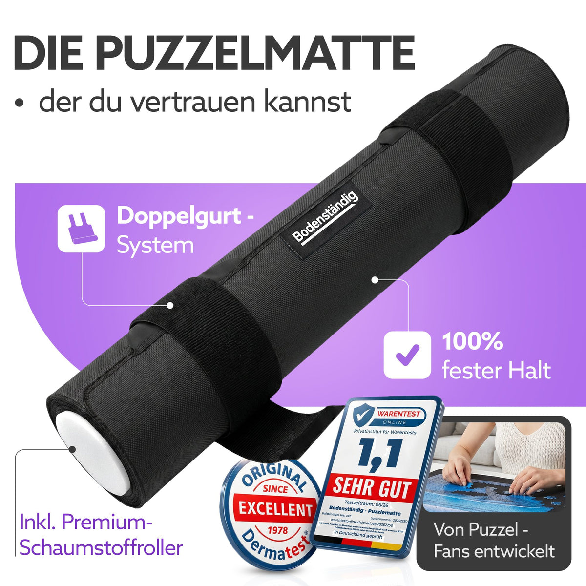 Aufgerollte schwarze Puzzlematte von Bodenständig mit zwei Klettgurten und Schaumstoffroller, dazu Testsiegel und Vorteile