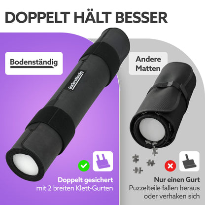 Vergleich: Bodenständig-Puzzlematte mit zwei Klettgurten gegenüber einer anderen Matte mit nur einem Gurt, aus der Teile fallen