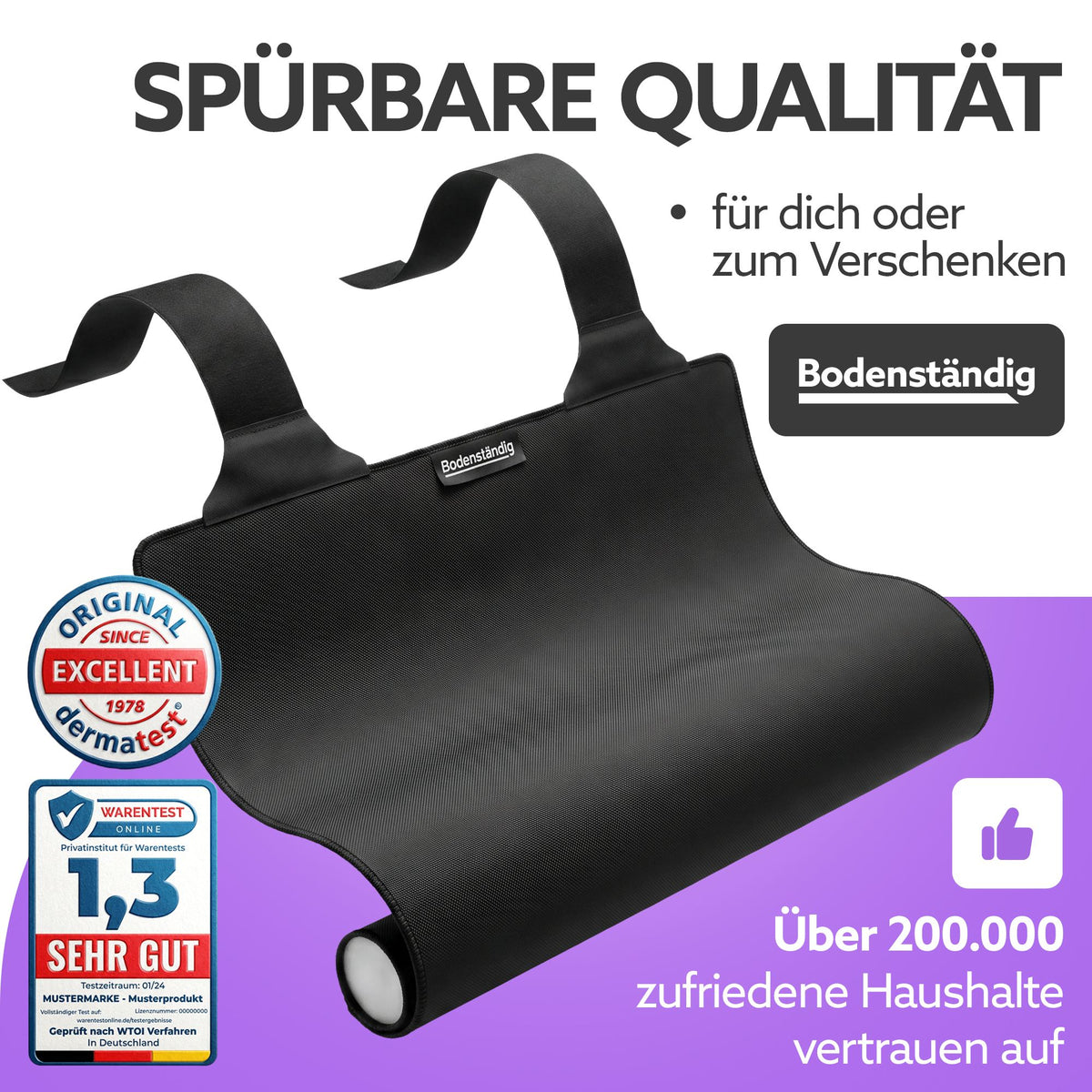 Schwarze Puzzlematte von Bodenständig mit zwei Gurten, leicht aufgerollt, mit Testsiegeln und Hinweis auf zufriedene Haushalte