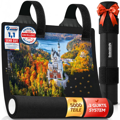 Schwarze Puzzlematte mit Schloss-Puzzle im Herbst, Rolle mit roter Schleife, Testsiegel, 5000 Teile, 2-Gurte-System