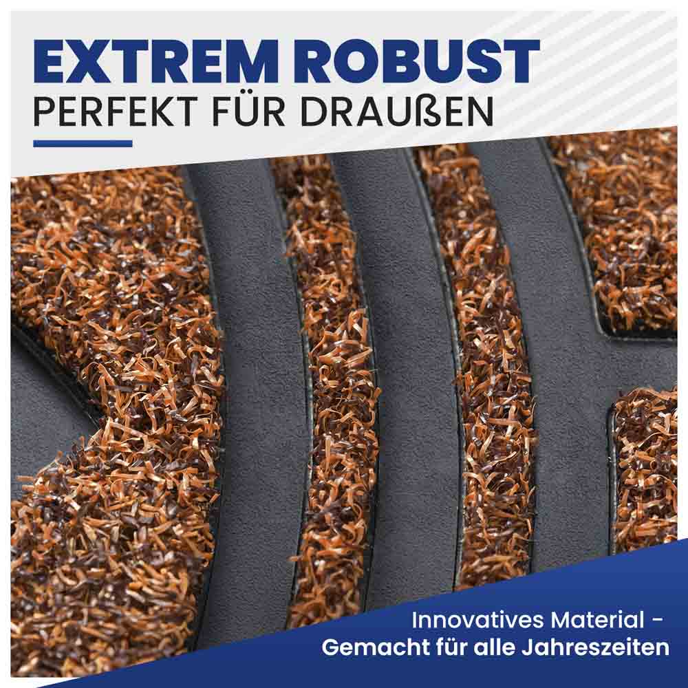 Nahaufnahme des robusten, wetterfesten braunen Kunstrasen-Materials der Außenmatte, perfekt für alle Jahreszeiten.