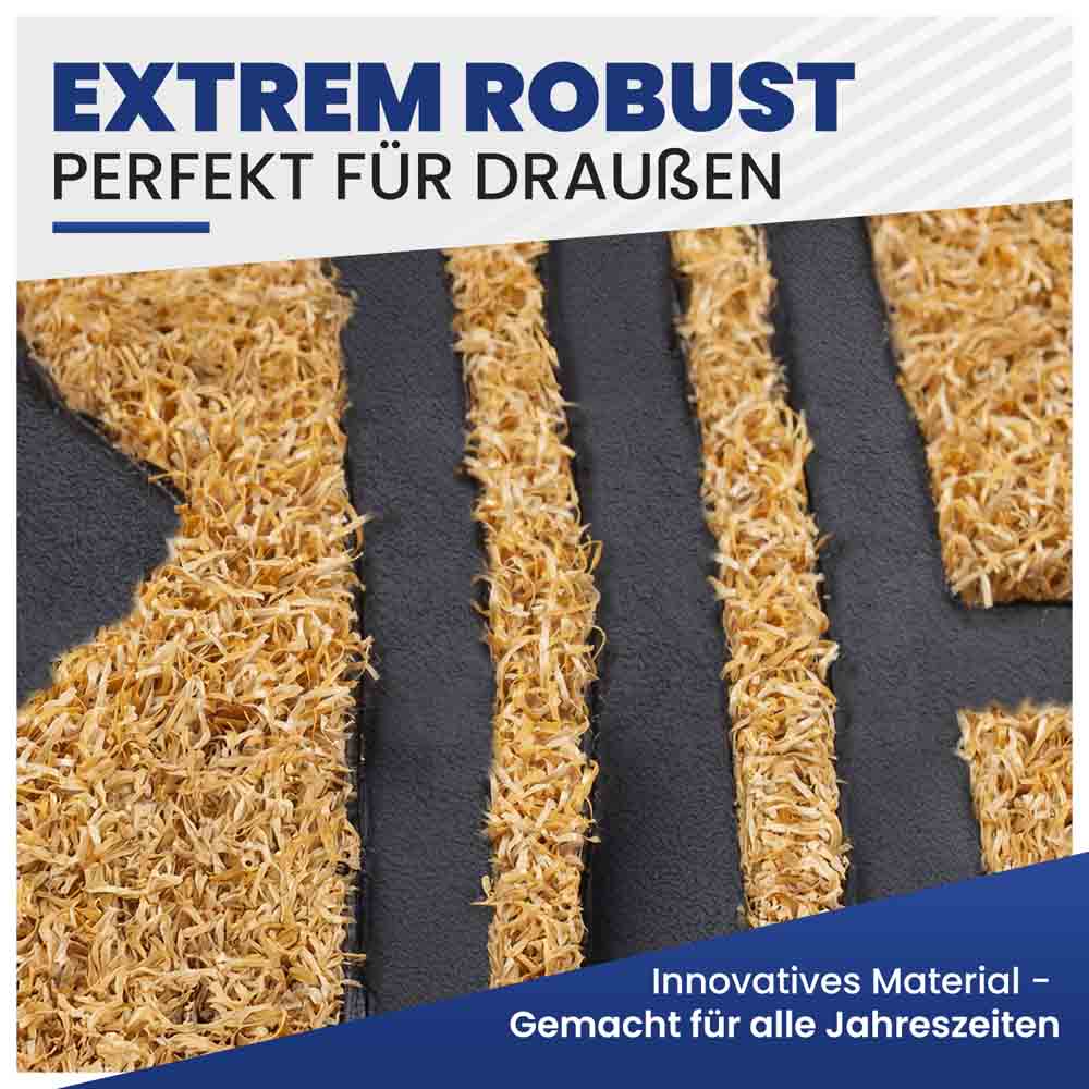 Nahaufnahme des robusten, wetterfesten beigen Kunstrasen-Materials der Außenmatte, perfekt für alle Jahreszeiten.