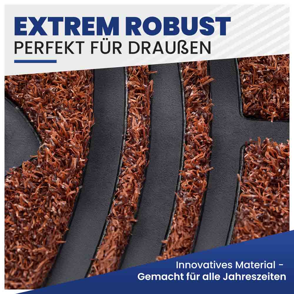 Nahaufnahme des robusten, wetterfesten braunen Kunstrasen-Materials der Außenmatte, perfekt für alle Jahreszeiten.