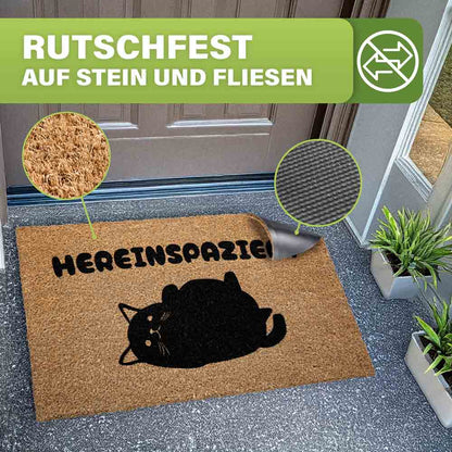 rutschfeste kokos fussmatte mit katzenmotiv zeigt struktur der fasern und gummirueckseite fuer sicheren halt auf stein und fliesen