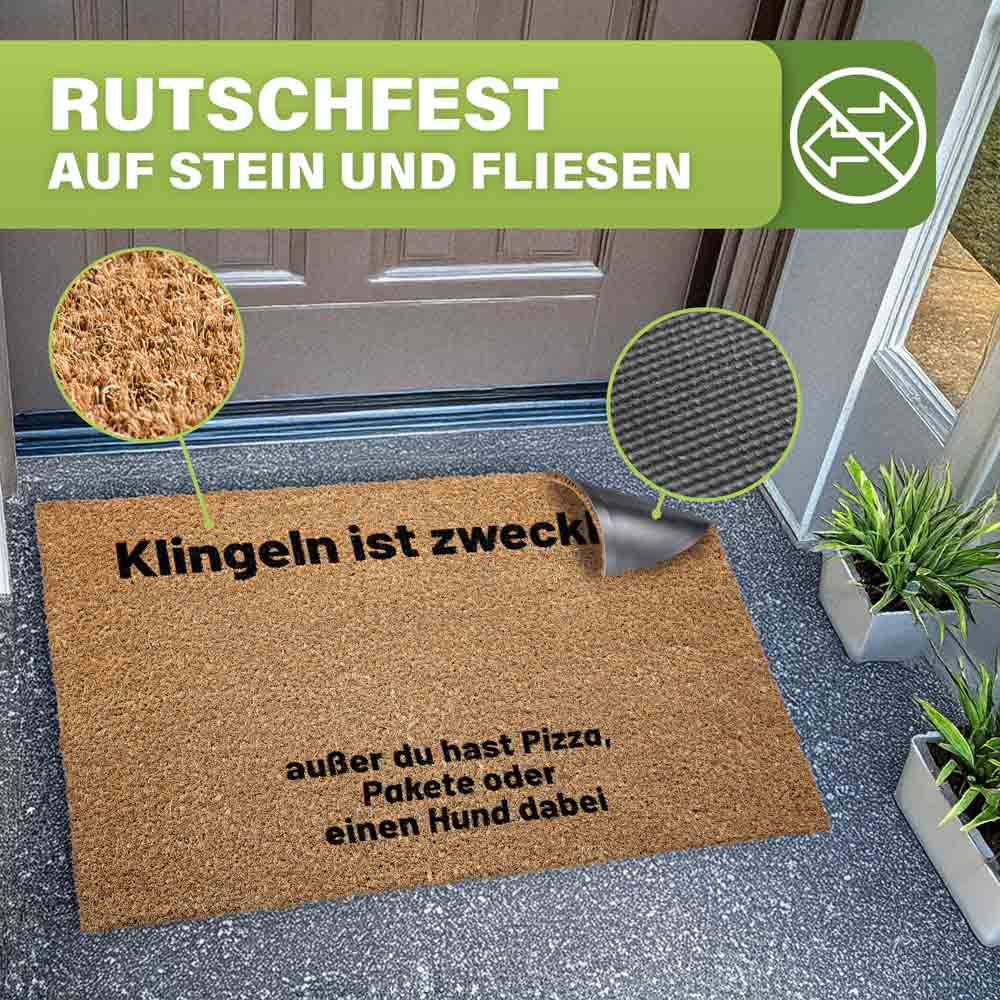 rutschfeste kokos fussmatte mit text vor haustur zeigt grip auf stein und fliesen dank robuster fasern und rutschhemmender unterseite