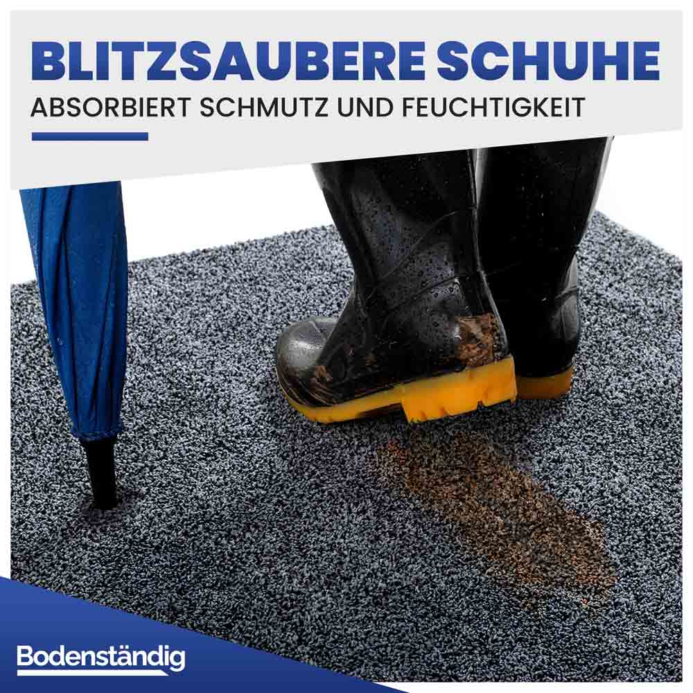 Blitzsaubere Schuhe: Graue, saugfähige Fußmatte von Bodenständig absorbiert Schmutz und Feuchtigkeit.