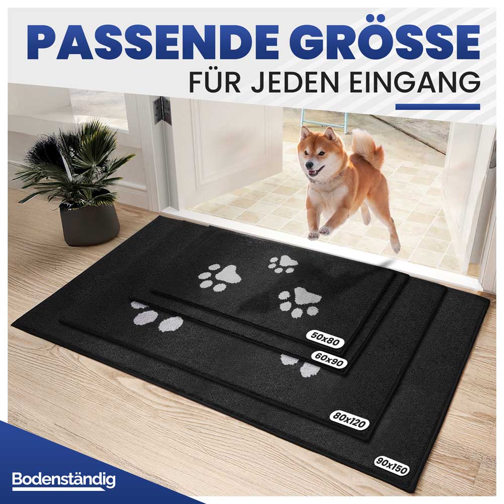 Schmutzfangmatte mit Pfotenmuster in vier verschiedenen Größen für jeden Eingangsbereich mit Hund.