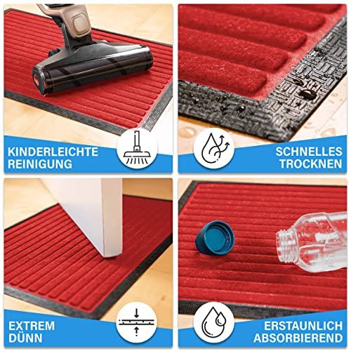 Rote Fussmatte mit saugfaehiger Struktur, schnellem Trocknen, einfacher Reinigung und extra duennem Aufbau.