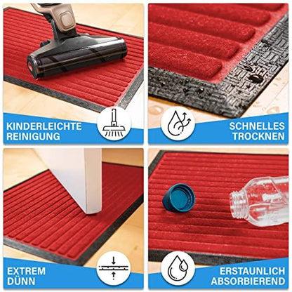 Rote Fussmatte mit saugfaehiger Struktur, schnellem Trocknen, einfacher Reinigung und extra duennem Aufbau.