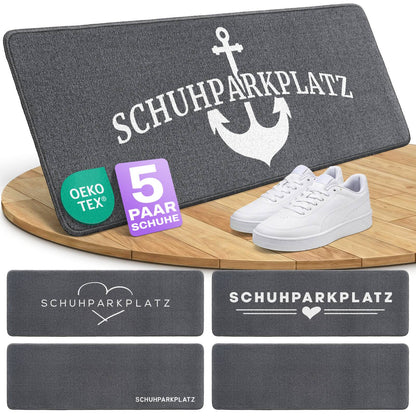 Graue Schuhparkplatz-Fußmatte mit weißem Anker, weißen Sneakern und vier weiteren Designs, Siegel Oeko-Tex und 5 Paar Schuhe