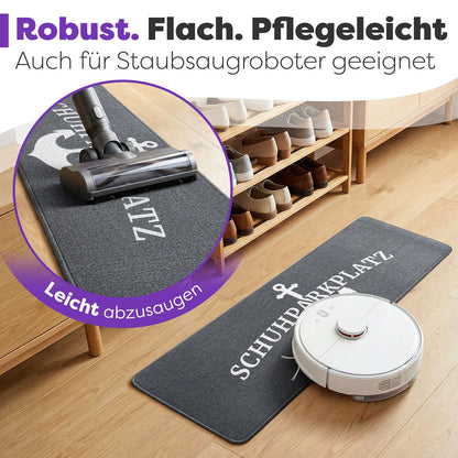 Graue Schuhparkplatz-Fußmatte mit Anker, von Staubsauger und Saugroboter gereinigt, Text: robust, flach, pflegeleicht