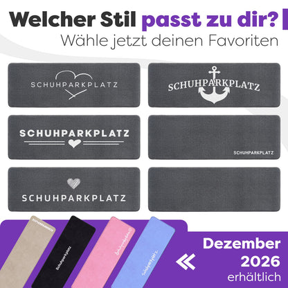Sechs graue Schuhparkplatz-Fußmatten mit Herz-, Anker- und schlichten Designs zur Auswahl, unten weitere Farben ab Dezember 2026