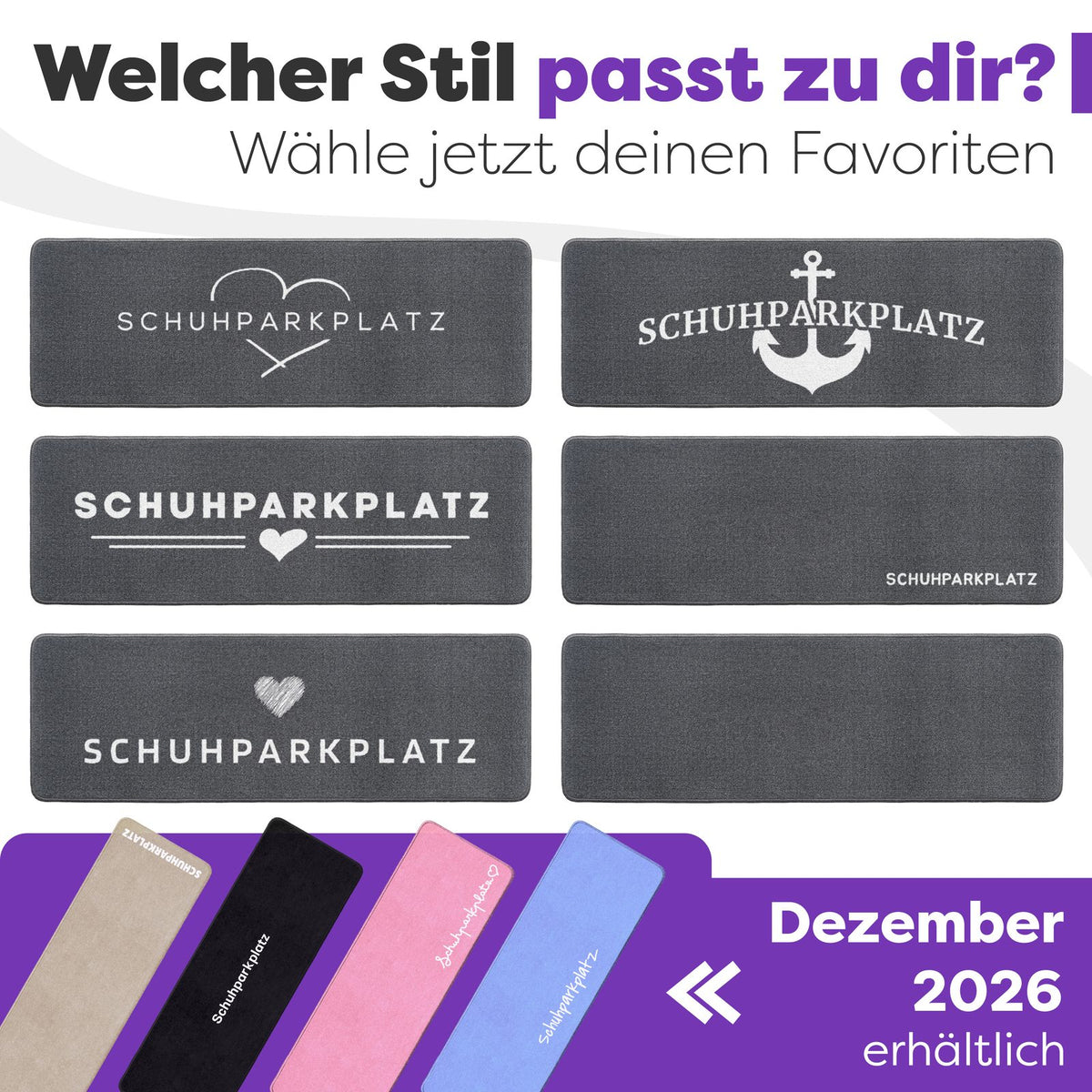 Sechs graue Schuhparkplatz-Fußmatten in verschiedenen Designs mit Herz, Anker oder Schriftzug, darunter weitere Farben ab Dezember 2026