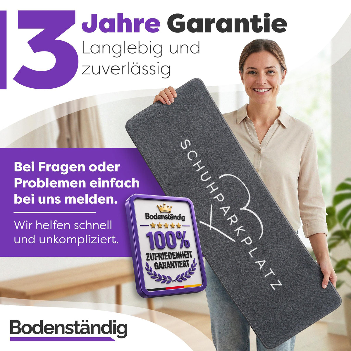 Lächelnde Frau hält graue Schuhparkplatz-Fußmatte mit Herz-Motiv, daneben Bodenständig-Siegel zu 3 Jahren Garantie