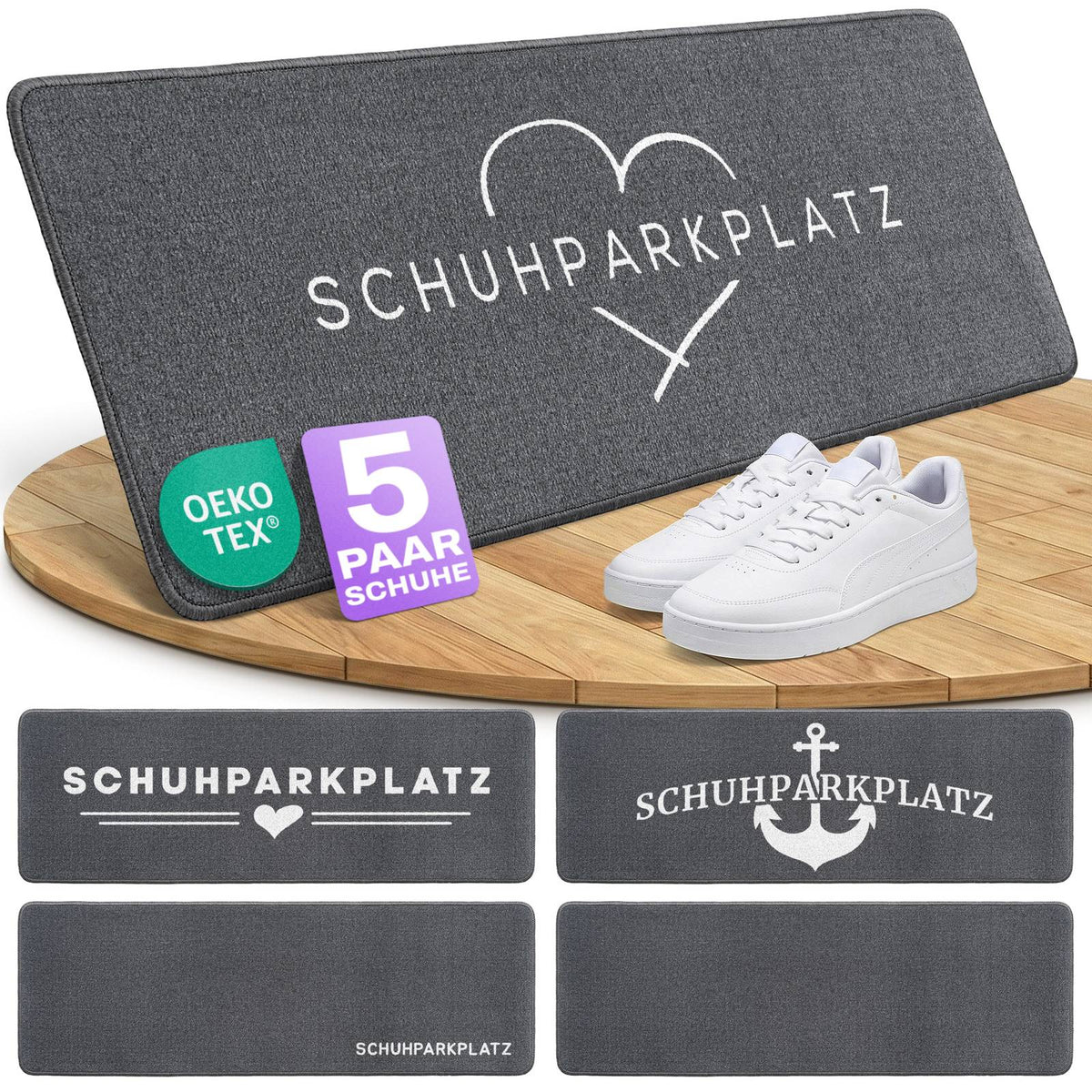 Graue Schuhparkplatz Fußmatte mit Herz-Linienmotiv, davor ein weißer Sneaker, darunter vier weitere Designs der Matte