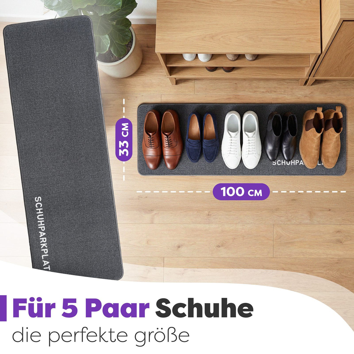 Graue Fußmatte von oben mit fünf Paar Schuhen, Maße 33 mal 100 Zentimeter, Text: Für 5 Paar Schuhe die perfekte Größe