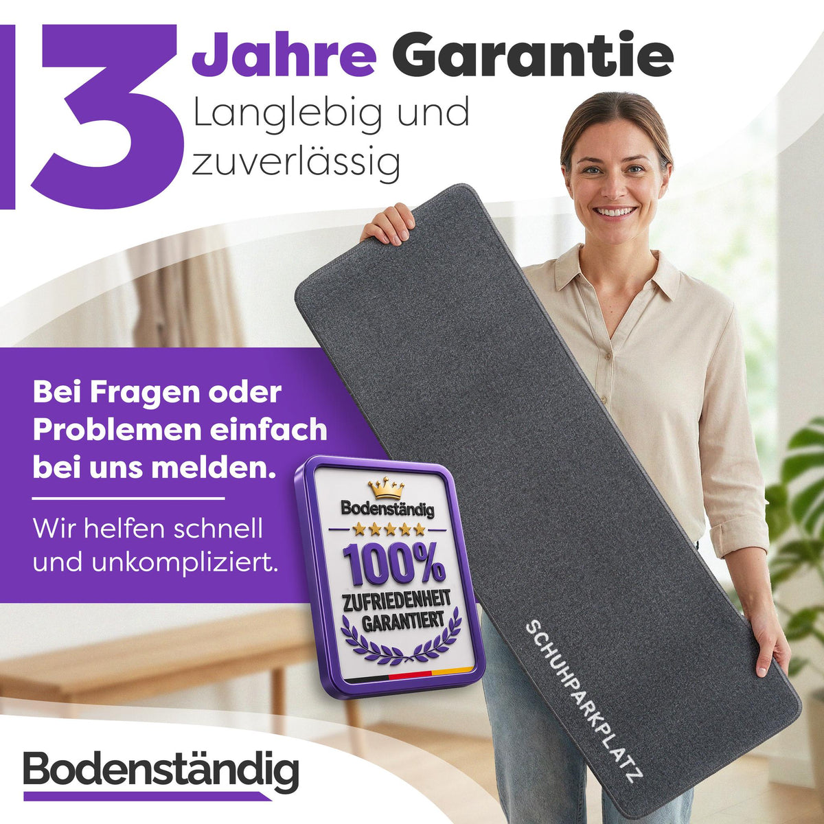 Graue Schuhparkplatz-Fußmatte, von einer lächelnden Frau gehalten, dazu Text zu 3 Jahren Garantie von Bodenständig