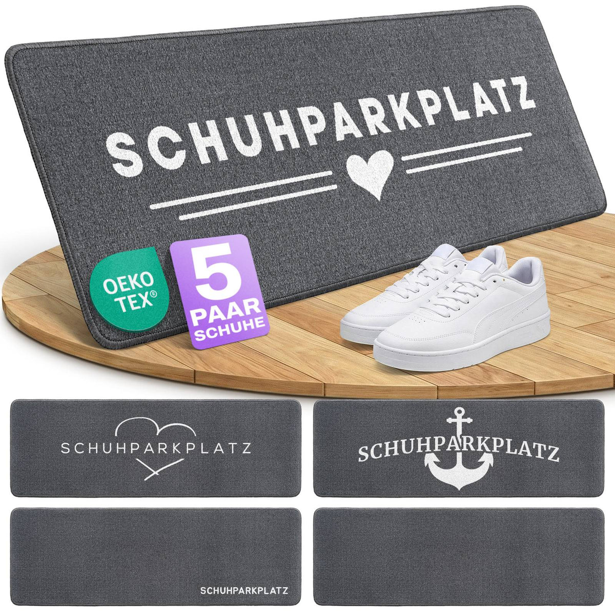 Graue Schuhparkplatz Fußmatte mit weißem Schriftzug und Herz, davor ein weißer Sneaker, darunter vier weitere Designs