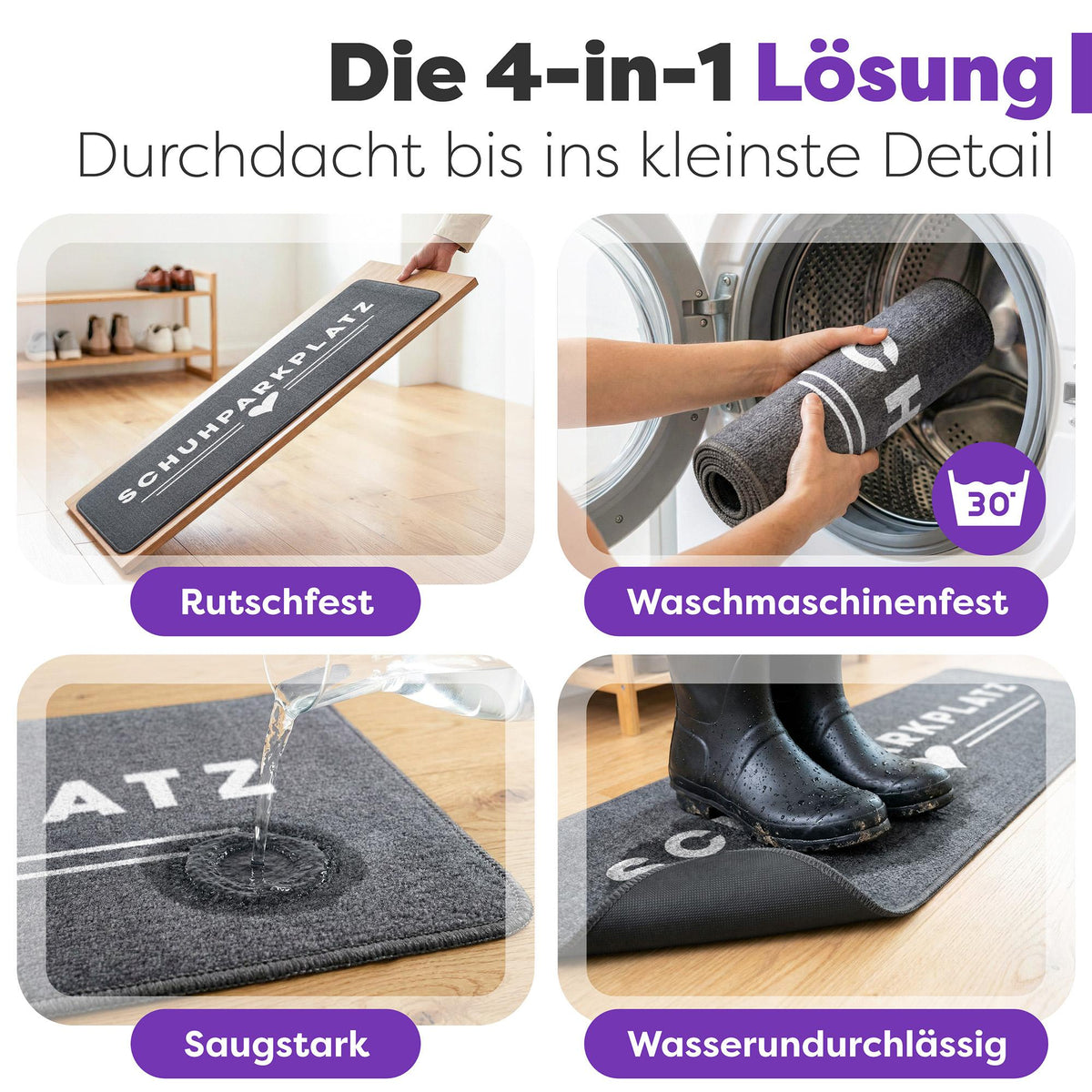 Graue Schuhmatte in vier Ansichten: rutschfest, waschmaschinenfest bei 30 Grad, saugstark und wasserundurchlässig mit Gummistiefeln
