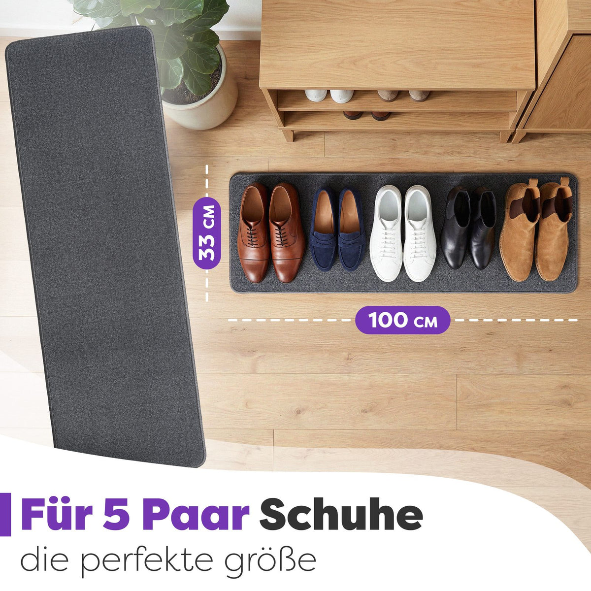 Graue Schuhmatte mit 5 Paar Schuhen im Flur, Maße 33 x 100 cm, Text: Für 5 Paar Schuhe die perfekte Größe
