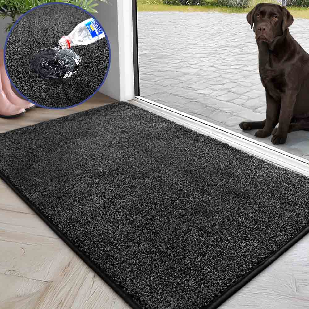 Schwarze, hoch saugfähige Schmutzfangmatte im Eingangsbereich. Labrador sitzt im Hintergrund. Detailaufnahme von Wasseraufnahme.
