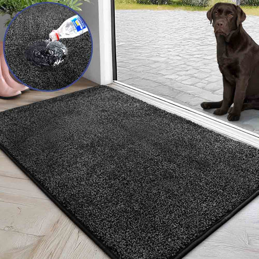 Schwarze, hoch saugfähige Schmutzfangmatte im Eingangsbereich. Labrador sitzt im Hintergrund. Detailaufnahme von Wasseraufnahme.