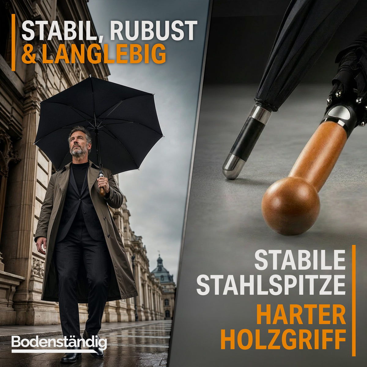 Mann mit schwarzem Regenschirm in regnerischer Stadt, daneben Stahlspitze und Holzgriff; Text: stabil, rubust und langlebig