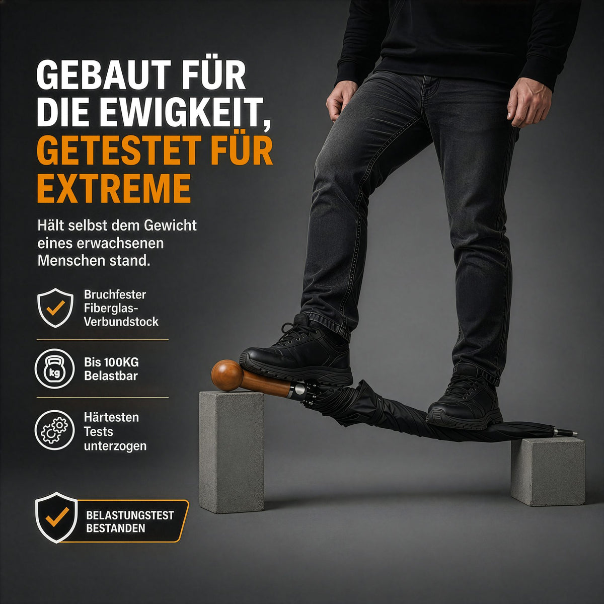 Person steht mit einem Fuß auf dem Holzgriff des Schirms, der zwischen zwei Blöcken liegt; Text: Belastungstest bestanden