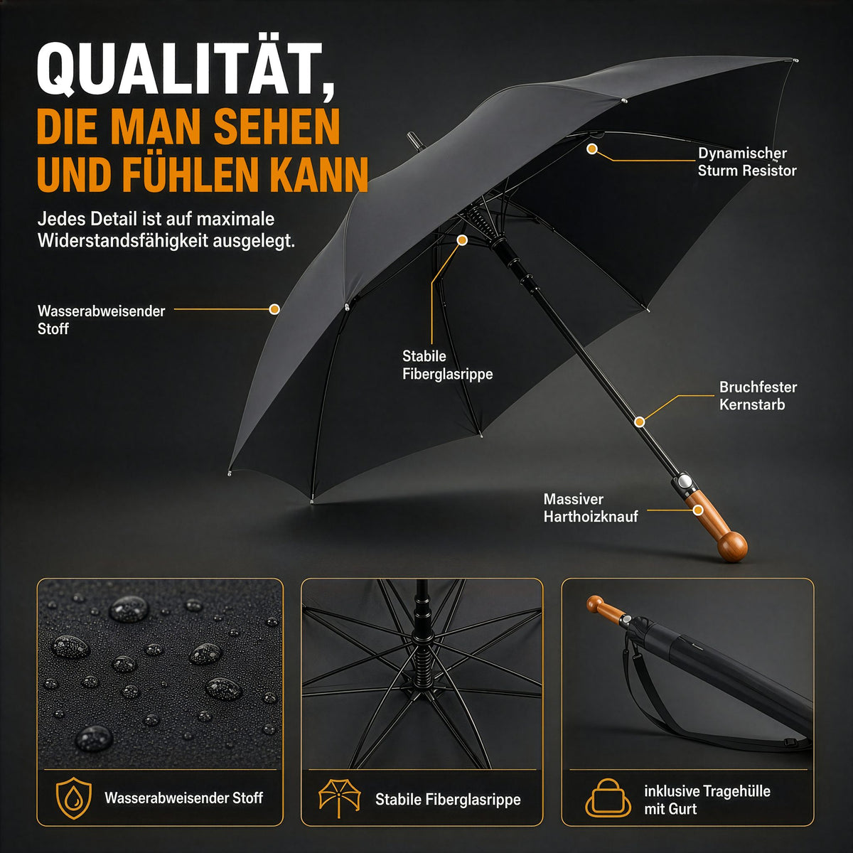 Schwarzer Schirm mit Beschriftung der Details wie wasserabweisender Stoff, Fiberglasrippen, Holzknauf und Tragehülle mit Gurt