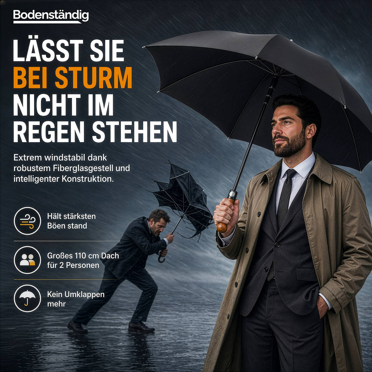 Mann im Trenchcoat hält schwarzen Schirm im Sturm, im Hintergrund kämpft ein Mann mit umgeklapptem Schirm; Text: Windstabil