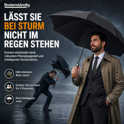 Mann im Trenchcoat hält schwarzen Schirm im Sturm, im Hintergrund kämpft ein Mann mit umgeklapptem Schirm; Text: Windstabil