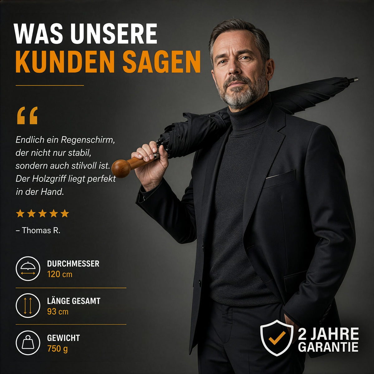 Mann im schwarzen Anzug trägt zusammengeklappten Schirm auf der Schulter; Kundenstimme, Maße, Gewicht und 2 Jahre Garantie