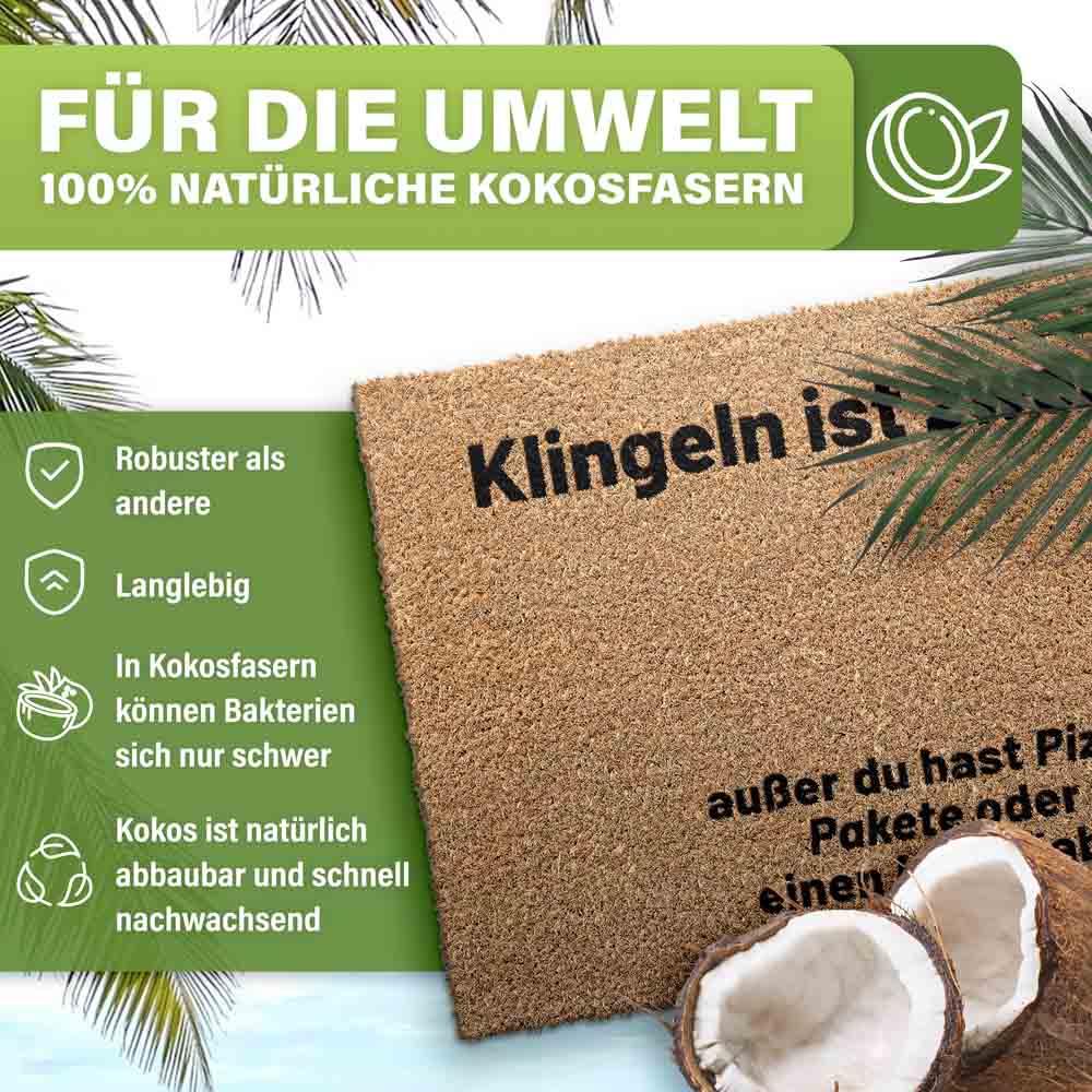 umweltfreundliche kokos fussmatte mit naturfasern zeigt vorteile wie langlebigkeit robustheit und bakterienresistenz neben kokosnuss dekor