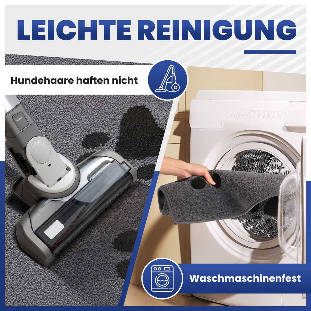 Leichte Reinigung: Graue, waschmaschinenfeste Schmutzfangmatte, die Hundehaare nicht haften lässt und leicht zu saugen ist.