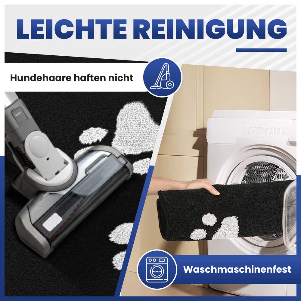 Einfache Reinigung: Waschmaschinenfeste Schmutzfangmatte mit Pfotenmuster, die Hundehaare nicht haften lässt.
