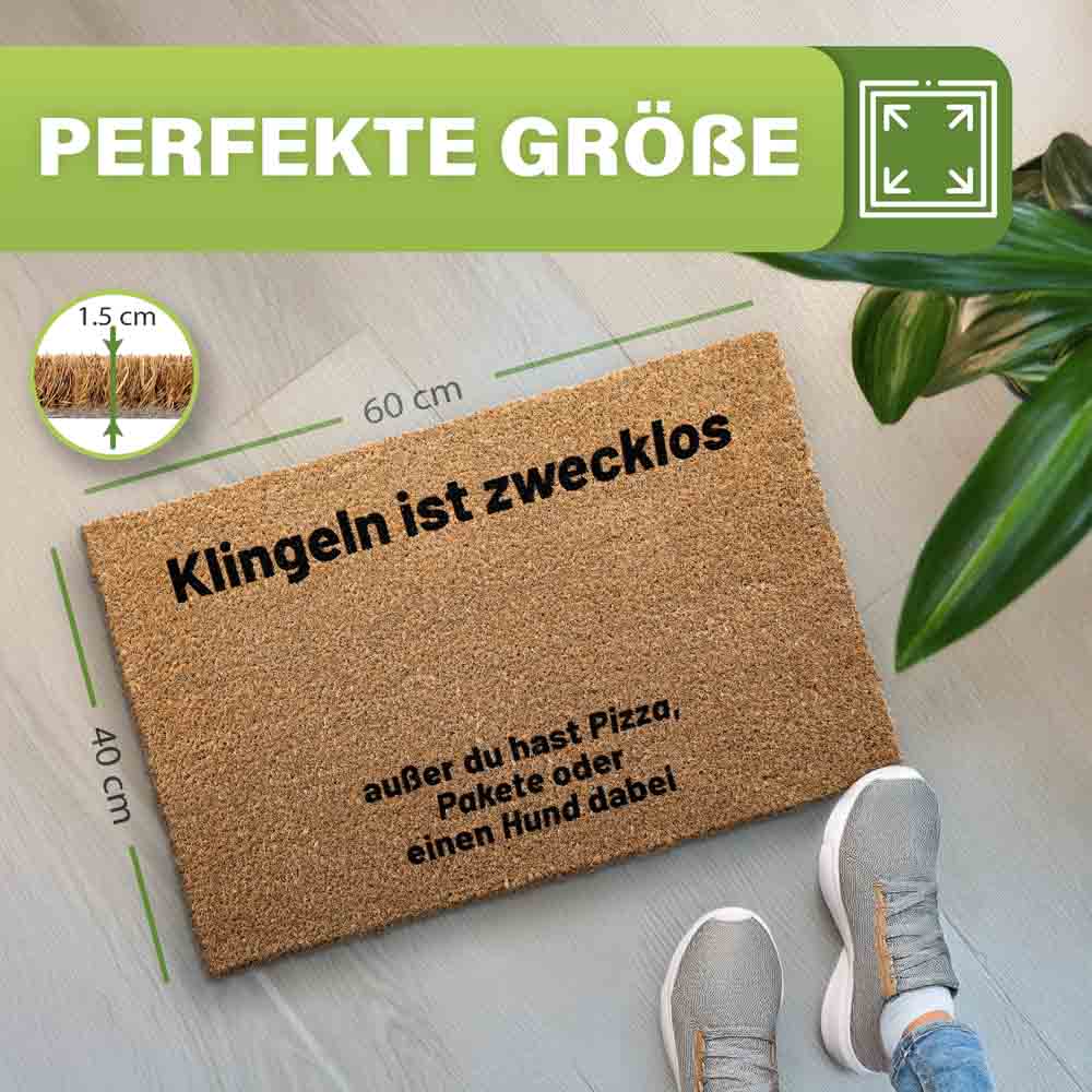 kokos fussmatte mit spruch klingeln ist zwecklos zeigt groesse 60x40 cm und humorvollen zusatz fuer pizza pakete oder hunde