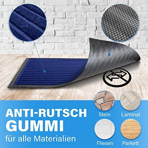 Blaue Fussmatte mit Anti Rutsch Gummi und strukturierter Oberflaeche, geeignet fuer Stein, Laminat, Fliesen und Parkett.