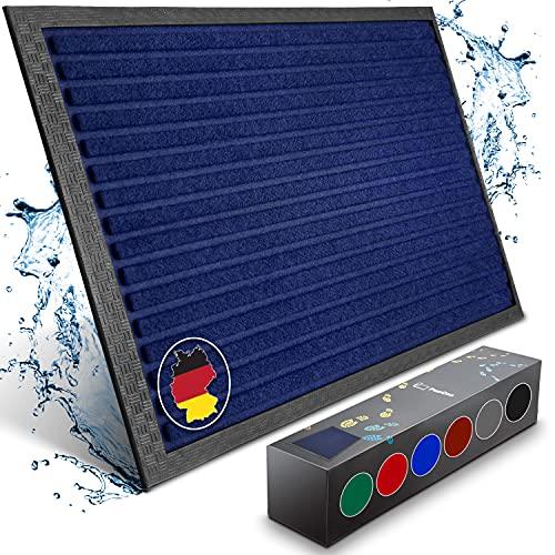 Blaue Fussmatte mit robustem Rahmen und wasserabweisender Oberfläche, dargestellt mit Farbauswahlbox.