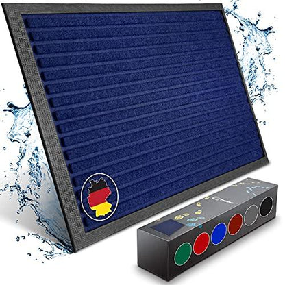 Blaue Fussmatte mit robustem Rahmen und wasserabweisender Oberfläche, dargestellt mit Farbauswahlbox.