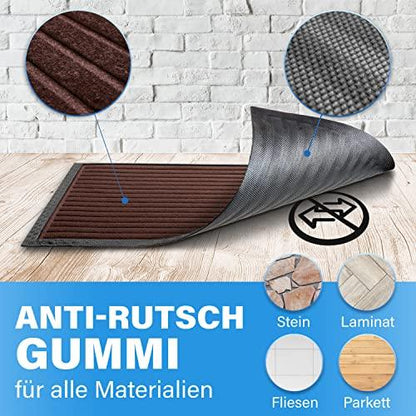 Braune Fussmatte mit Anti Rutsch Gummi und strukturierter Oberflaeche, geeignet fuer Stein, Laminat, Fliesen und Parkett.