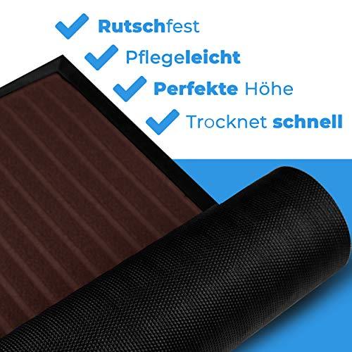Braune Fussmatte mit rutschfestem Gummi, pflegeleichter Oberflaeche, perfekter Hoehe und schneller Trocknung.