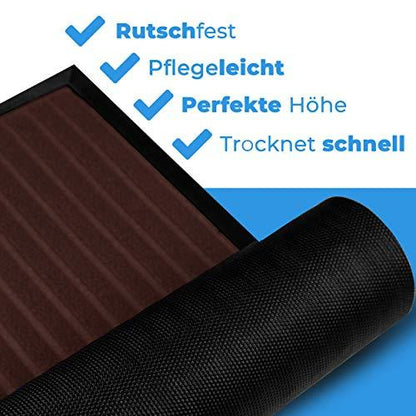 Braune Fussmatte mit rutschfestem Gummi, pflegeleichter Oberflaeche, perfekter Hoehe und schneller Trocknung.