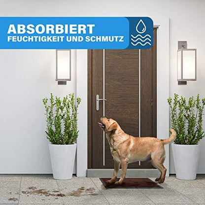 Hund steht auf einer braunen Fussmatte vor der Haustuer, die Feuchtigkeit und Schmutz im Eingangsbereich effektiv absorbiert.