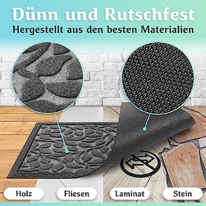 Die dünne und rutschfeste Fußmatte bietet sicheren Halt auf Holz, Fliesen, Laminat und Stein und besteht aus hochwertigen Materialien.
