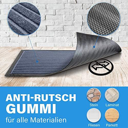 Graue Fussmatte mit Anti Rutsch Gummi und strukturierter Oberflaeche, geeignet fuer Stein, Laminat, Fliesen und Parkett.
