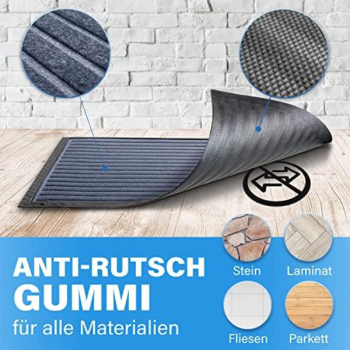 Graue Fussmatte mit Anti Rutsch Gummi und strukturierter Oberflaeche, geeignet fuer Stein, Laminat, Fliesen und Parkett.
