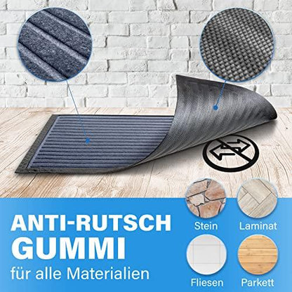 Graue Fussmatte mit Anti Rutsch Gummi und strukturierter Oberflaeche, geeignet fuer Stein, Laminat, Fliesen und Parkett.