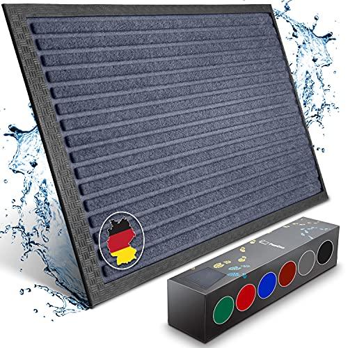 Graue Fussmatte mit streifenstruktur und wasserabweisender Wirkung, daneben Farbauswahlbox mit mehreren Varianten.