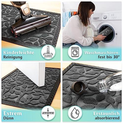 Die Fußmatte lässt sich leicht reinigen, ist bis 30 Grad waschbar, extrem dünn und nimmt Feuchtigkeit zuverlässig auf.